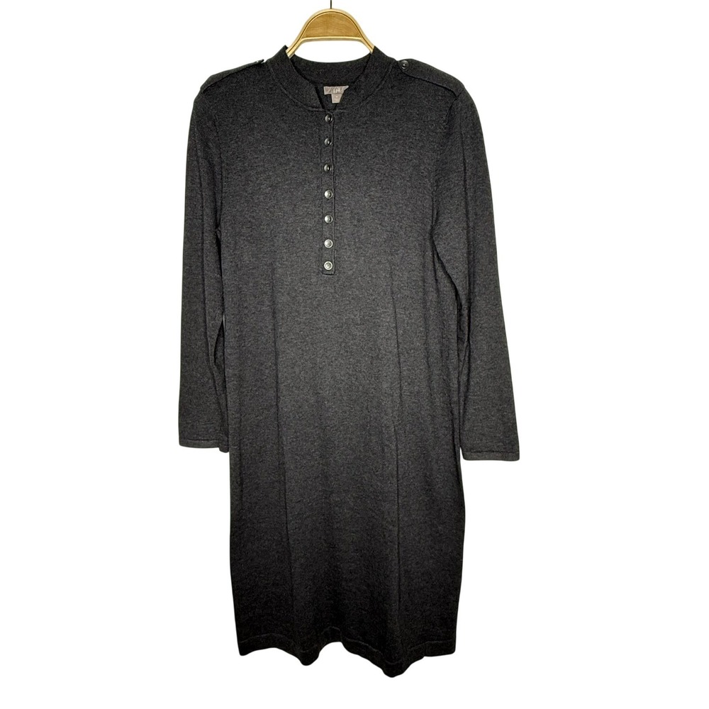 J. Jill Sweater Dress Womens Medium Grey Excellent Silk Blend‎ Henley Epaulets